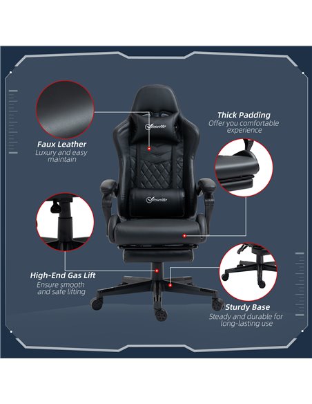 Vinsetto Racing Gaming Chair with Swivel Wheel, Footrest, PU Leather Recliner Gamer Desk for Home Office, Black - pic 25122 | FastDaddyshop