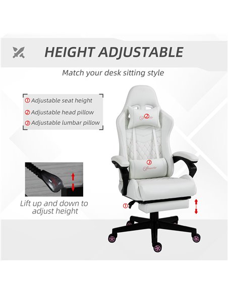 Vinsetto Racing Gaming Chair with Swivel Wheel, Footrest, PU Leather Recliner Gamer Desk for Home Office, White - pic 25128 | FastDaddyshop