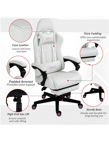 Vinsetto Racing Gaming Chair with Swivel Wheel, Footrest, PU Leather Recliner Gamer Desk for Home Office, White