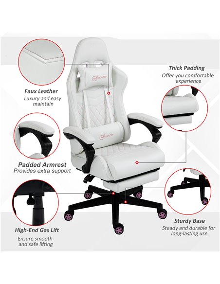 Vinsetto Racing Gaming Chair with Swivel Wheel, Footrest, PU Leather Recliner Gamer Desk for Home Office, White - pic 25131 | FastDaddyshop