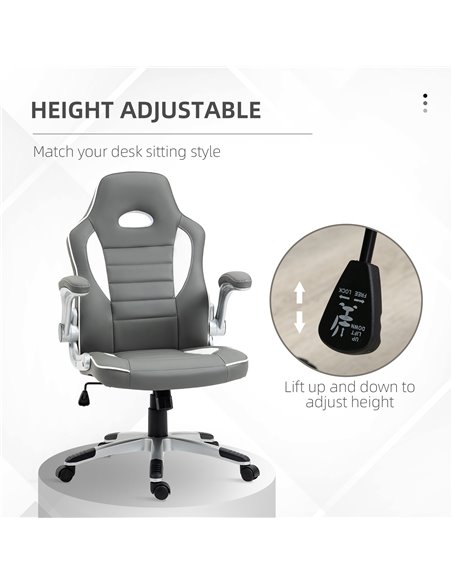 HOMCOM PU Leather Racing Gaming Chair with Tilt Function and Flip Up Armrests, Grey - pic 25137 | FastDaddyshop