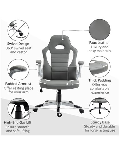 HOMCOM PU Leather Racing Gaming Chair with Tilt Function and Flip Up Armrests, Grey