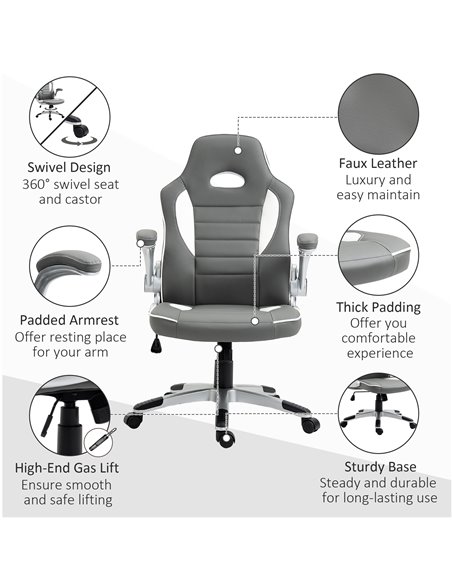 HOMCOM PU Leather Racing Gaming Chair with Tilt Function and Flip Up Armrests, Grey - pic 25140 | FastDaddyshop