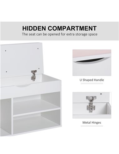 HOMCOM Wooden Shoes Cabinet Bench Hidden Storage Padded Seat Organiser Footwear Rack Hallway White Pink 80 x 30 x 47 cm