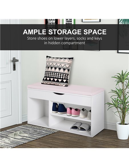 HOMCOM Wooden Shoes Cabinet Bench Hidden Storage Padded Seat Organiser Footwear Rack Hallway White Pink 80 x 30 x 47 cm - pic 25174 | FastDaddyshop