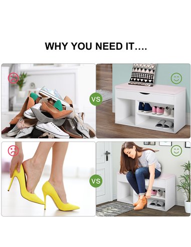 HOMCOM Wooden Shoes Cabinet Bench Hidden Storage Padded Seat Organiser Footwear Rack Hallway White Pink 80 x 30 x 47 cm