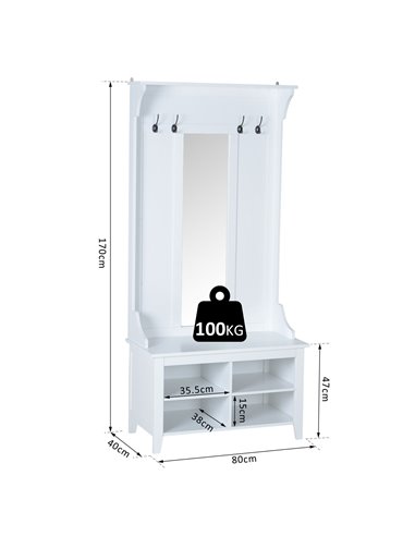 HOMCOM Hallway Furniture Set with Mirror, 4 Hooks, Shoe Bench Storage, White 831-226