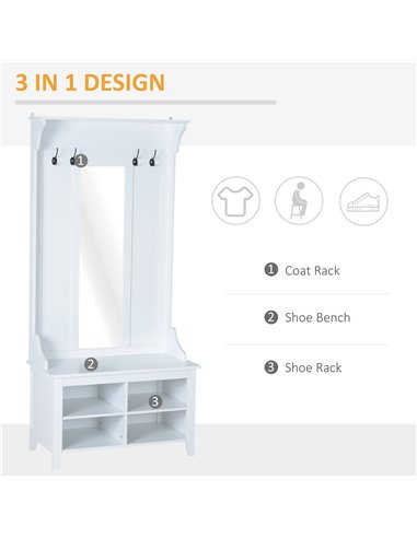 HOMCOM Hallway Furniture Set with Mirror, 4 Hooks, Shoe Bench Storage, White 831-226
