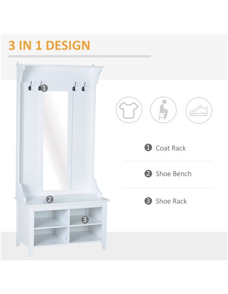 HOMCOM Hallway Furniture Set with Mirror, 4 Hooks, Shoe Bench Storage, White 831-226 - pic 25182 | FastDaddyshop
