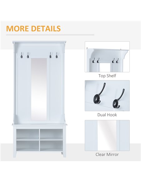 HOMCOM Hallway Furniture Set Shoe Bench Storage Mirror Cabinet Coat Rack Multiple Cubes Hangers Organiser Shelves w/ 4 Hooks - pic 25184 | FastDaddyshop