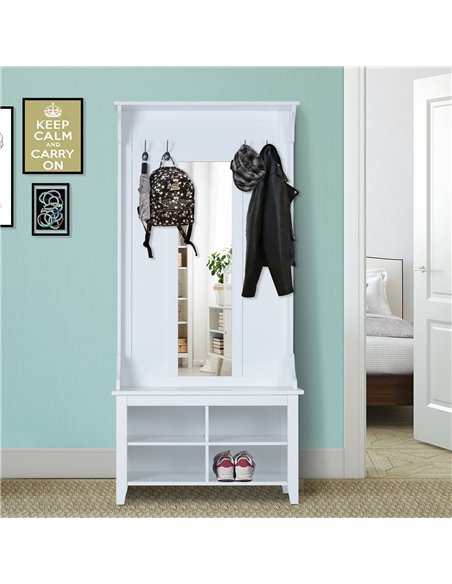 HOMCOM Hallway Furniture Set Shoe Bench Storage Mirror Cabinet Coat Rack Multiple Cubes Hangers Organiser Shelves w/ 4 Hooks - pic 25186 | FastDaddyshop