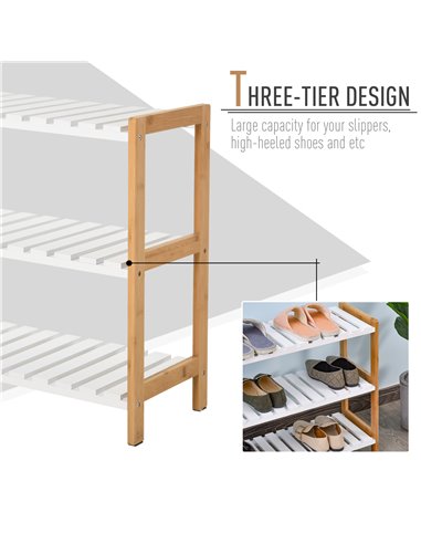 HOMCOM 3-Tier Shoe Rack Wood Frame Slatted Shelves Spacious Open Hygienic Storage Home Hallway Furniture Family Guests 70L x 26W