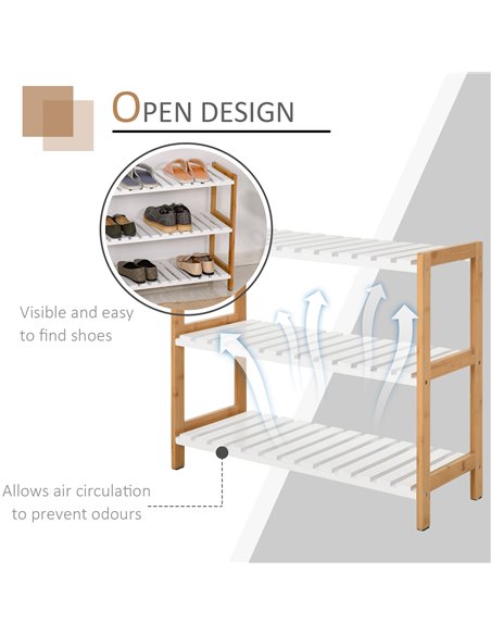 HOMCOM 3-Tier Shoe Rack Wood Frame Slatted Shelves Spacious Open Hygienic Storage Home Hallway Furniture Family Guests 70L x 26W - pic 25211 | FastDaddyshop