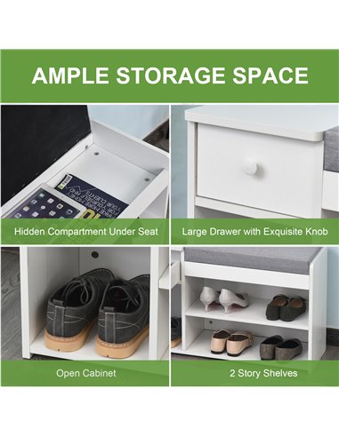HOMCOM Multi-Storage Shoe Bench w/ Drawer 3 Compartments Cushioned Home Organisation Furniture Tidy Boots Hallway Entryway White