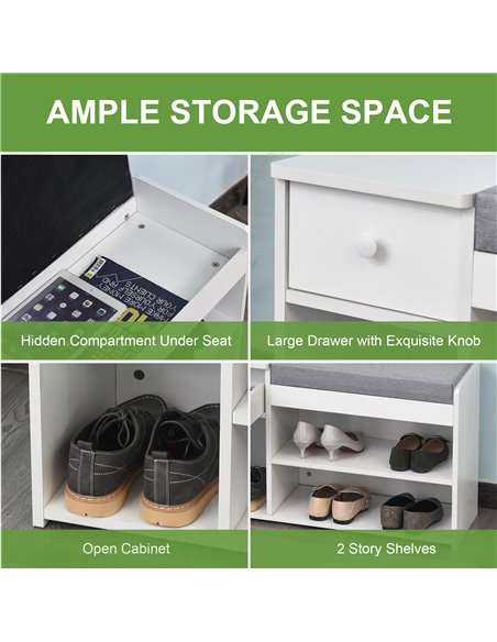 HOMCOM Multi-Storage Shoe Bench w/ Drawer 3 Compartments Cushioned Home Organisation Furniture Tidy Boots Hallway Entryway White - pic 25237 | FastDaddyshop
