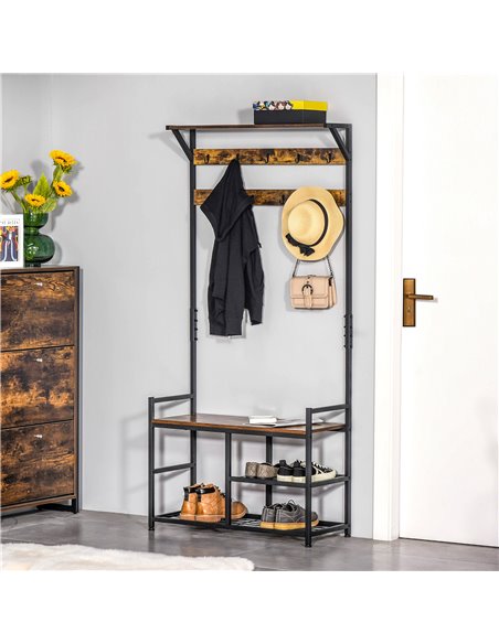 HOMCOM Coat Rack Stand, Shoe Storage Bench with 9 Hooks, Shelves, Brown and Black 837-146 - pic 25261 | FastDaddyshop