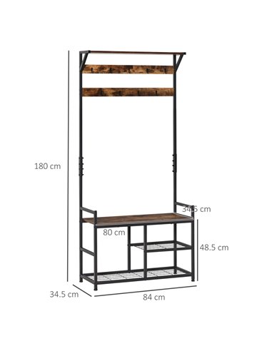 HOMCOM Coat Rack Stand, Shoe Storage Bench with 9 Hooks, Shelves, Brown and Black 837-146