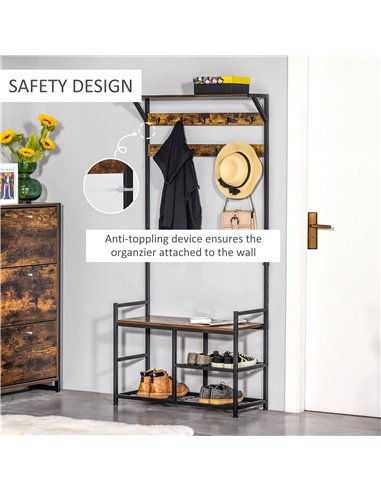 HOMCOM Coat Rack Stand, Shoe Storage Bench with 9 Hooks, Shelves, Brown and Black 837-146