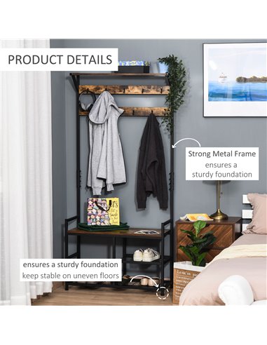 HOMCOM Coat Rack Stand Shoe Storage Bench with 9 Hooks Shelves for Bedroom Living Room Entryway Brown and Black 180cm