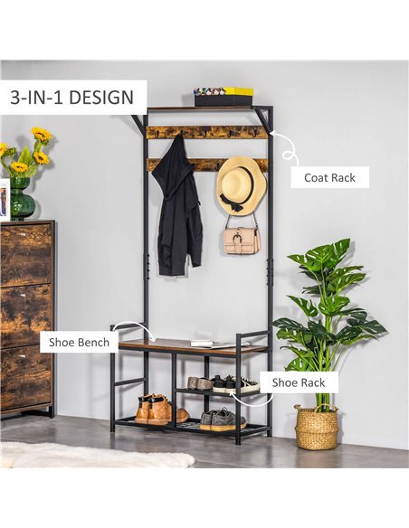 HOMCOM Coat Rack Stand Shoe Storage Bench with 9 Hooks Shelves for Bedroom Living Room Entryway Brown and Black 180cm - pic 25265 | FastDaddyshop