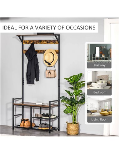 HOMCOM Coat Rack Stand Shoe Storage Bench with 9 Hooks Shelves for Bedroom Living Room Entryway Brown and Black 180cm