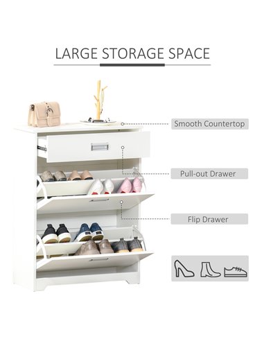 HOMCOM Tipping Shoe Cabinet, Storage Rack with 2 Pull-Down Doors, Drawer, White 837-141