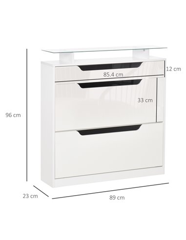HOMCOM Shoe Cabinet with 3 Drawers, Glass Top, Capacity for 14 Pairs, White 837-164WT