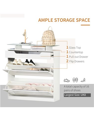 HOMCOM Shoe Cabinet with 3 Drawers, Glass Top, Capacity for 14 Pairs, White 837-164WT