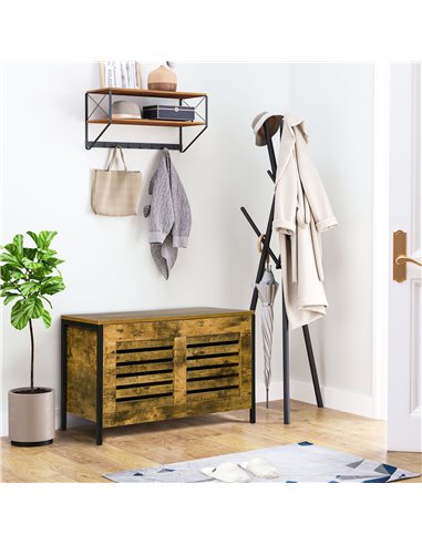 HOMCOM Industrial Storage Bench, Shoe Bench with Lid & Louvered Cabinet, Rustic Brown 838-225