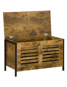 HOMCOM Industrial Storage Bench, Shoe Bench with Lid & Louvered Cabinet, Rustic Brown 838-225