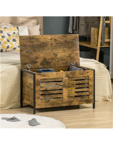 HOMCOM Industrial Storage Bench, Shoe Bench with Lid & Louvered Cabinet, Rustic Brown 838-225