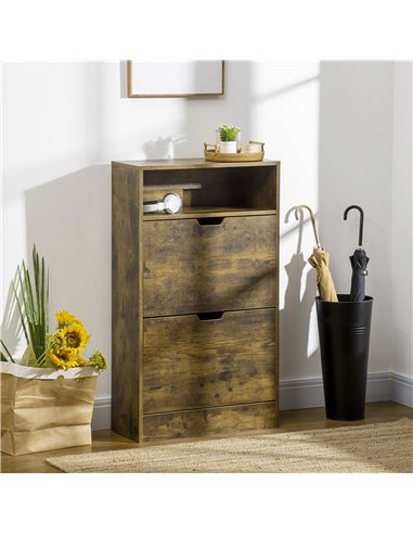 HOMCOM Shoe Cabinet with 2 Flip Doors, Slim 2-Drawer, Rustic Brown 837-215