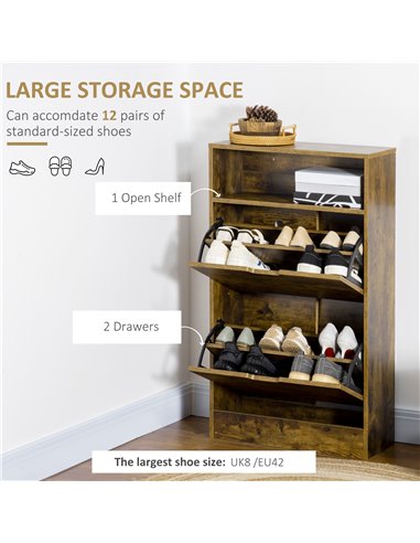 HOMCOM Shoe Cabinet with 2 Flip Doors, Slim 2-Drawer, Rustic Brown 837-215