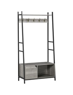 HOMCOM Coat Rack Stand, Shoe Bench with 5 Hooks and Storage Cabinet, Freestanding Metal Frame Hall Tree for Hallway, Grey