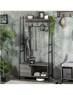 HOMCOM Coat Rack Stand, Shoe Bench with 5 Hooks and Storage Cabinet, Freestanding Metal Frame Hall Tree for Hallway, Grey 2