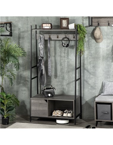 HOMCOM Coat Rack Stand, Shoe Bench with 5 Hooks, Grey 837-283V00GY
