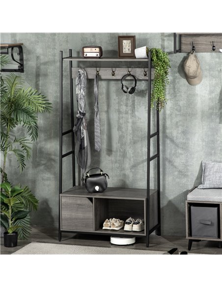 HOMCOM Coat Rack Stand, Shoe Bench with 5 Hooks, Grey 837-283V00GY - pic 25405 | FastDaddyshop