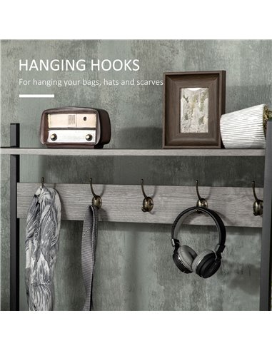 HOMCOM Coat Rack Stand, Shoe Bench with 5 Hooks and Storage Cabinet, Freestanding Metal Frame Hall Tree for Hallway, Grey
