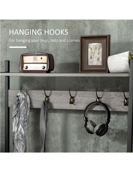 HOMCOM Coat Rack Stand, Shoe Bench with 5 Hooks and Storage Cabinet, Freestanding Metal Frame Hall Tree for Hallway, Grey - pic 25408 | FastDaddyshop