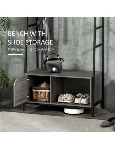 HOMCOM Coat Rack Stand, Shoe Bench with 5 Hooks and Storage Cabinet, Freestanding Metal Frame Hall Tree for Hallway, Grey