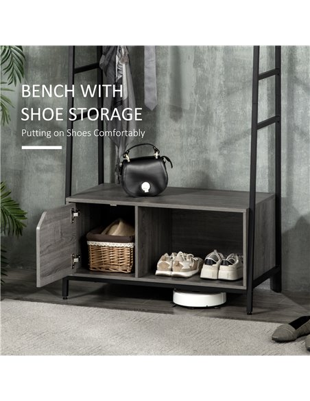 HOMCOM Coat Rack Stand, Shoe Bench with 5 Hooks and Storage Cabinet, Freestanding Metal Frame Hall Tree for Hallway, Grey - pic 25409 | FastDaddyshop