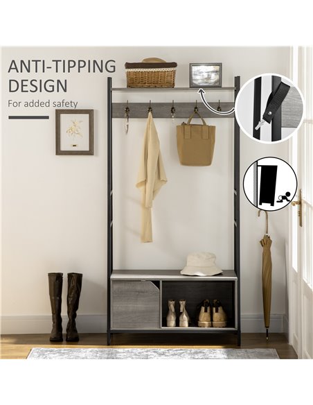 HOMCOM Coat Rack Stand, Shoe Bench with 5 Hooks and Storage Cabinet, Freestanding Metal Frame Hall Tree for Hallway, Grey - pic 25410 | FastDaddyshop