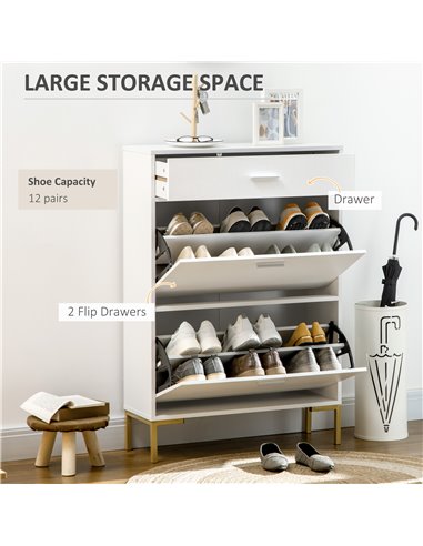 HOMCOM Shoe Cabinet with 2 Flip Doors, Drawer for 12 Pairs of Shoes, White 837-233GD