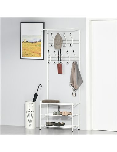 HOMCOM Coat Rack Stand with 18 Hooks, 3-Tier Shoe Rack, White 831-115WT