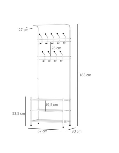 HOMCOM Coat Rack Stand with 18 Hooks, 3-Tier Shoe Rack, White 831-115WT