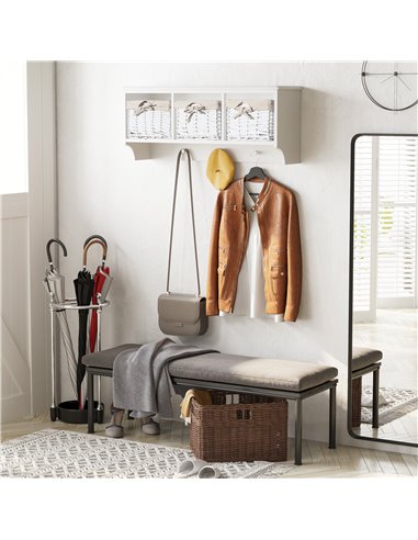 HOMCOM Entryway Wall Mounted Coat Rack with 3 Wicker Baskets and Hooks, White 833-298WT