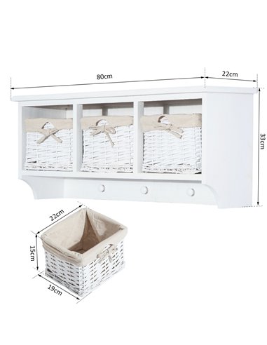 HOMCOM Entryway Wall Mounted Coat Rack with 3 Wicker Baskets and Hooks, White 833-298WT