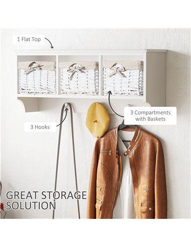 HOMCOM Entryway Wall Mounted Coat Rack with 3 Wicker Baskets and Hooks, White 833-298WT