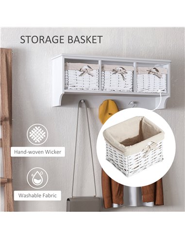 HOMCOM Entryway Wall Mounted Coat Rack with 3 Wicker Baskets and Hooks, White 833-298WT