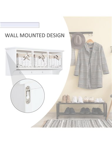 HOMCOM Entryway Coat Rack Wall Mounted Shelf w/Wicker Basket and Hooks (3 Baskets, White)